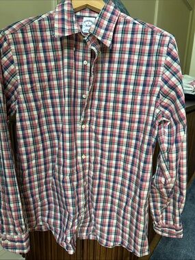Brooks Brothers Pink, Blue & White Plaid Cotton Button-Down Shirt